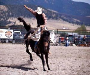 Puzzle Rodeo - Rider στη σέλα bronc ανταγωνισμού, ιππασία ένα άγριο άλογο
